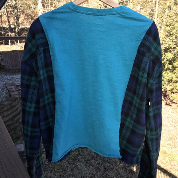 Flannel Tee Upcycle, Size M-L: Oversized Teal Boating Season Graphic Shirt - Picture 2 of 12